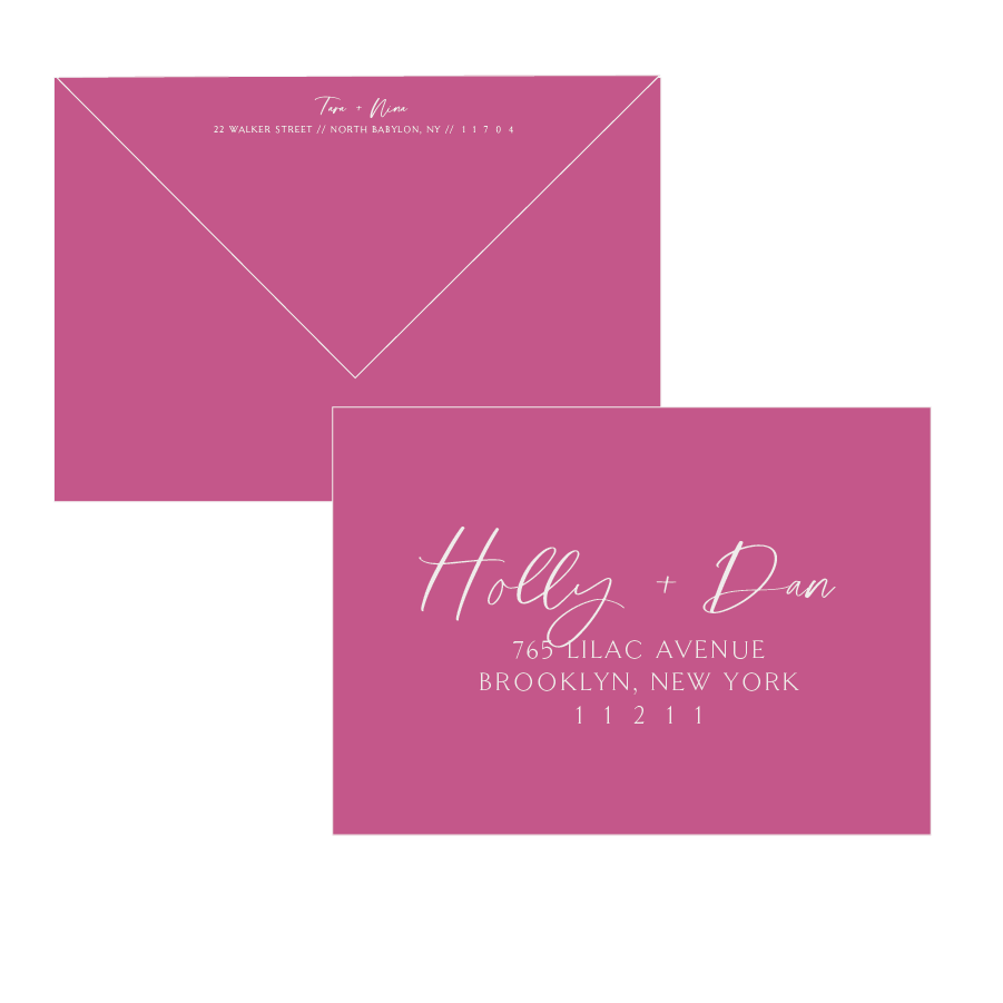 hot pink envelope with white ink addressing for wedding invitation